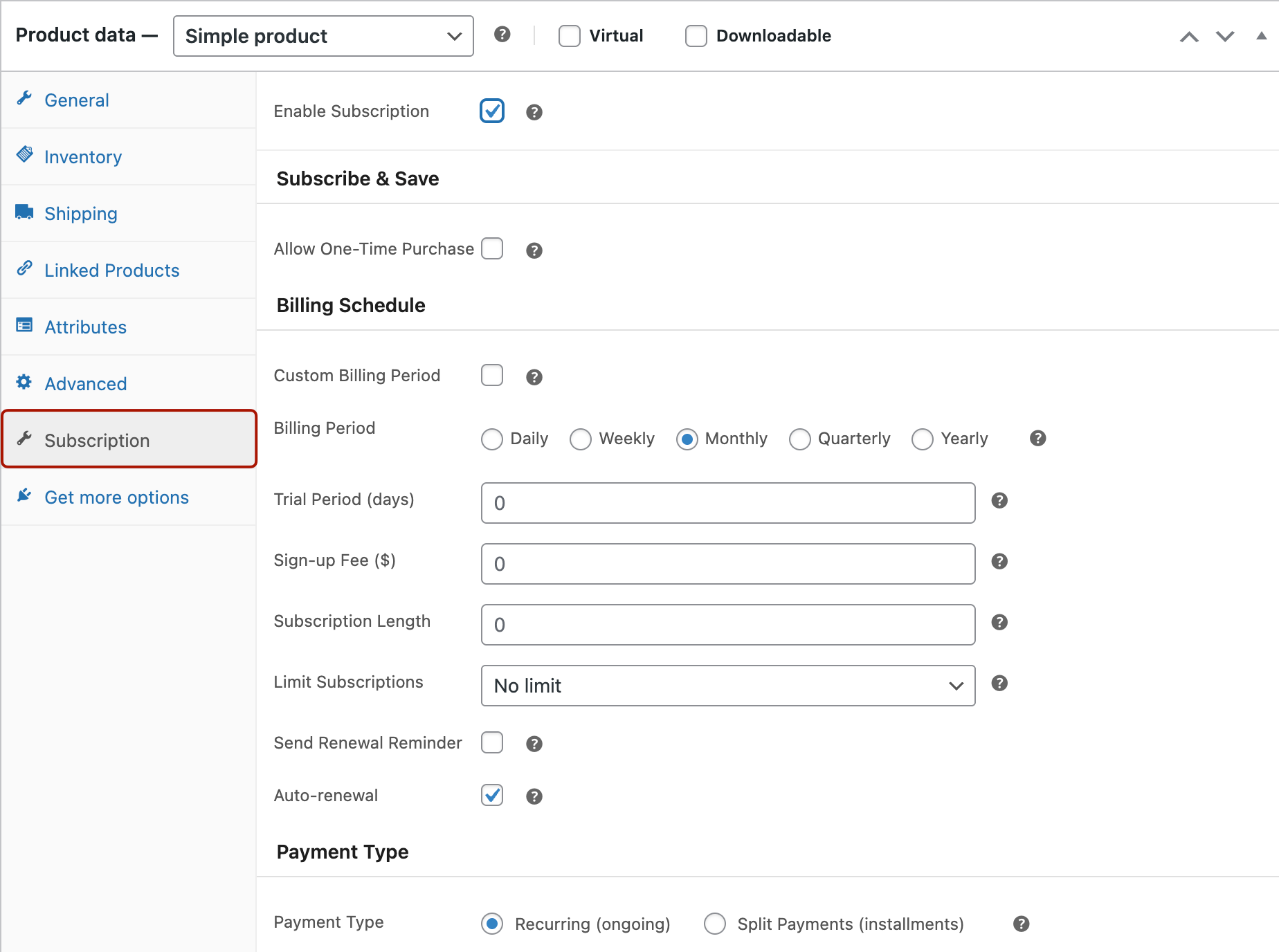 Subscription Tab Screenshot